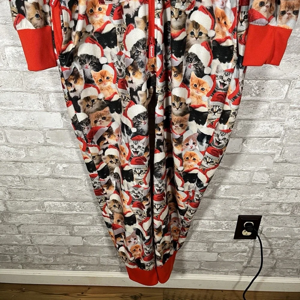 Tipsy Elves Meowy Catmus Jumpsuit Mens Medium Unisex All Over Print Cats Hooded